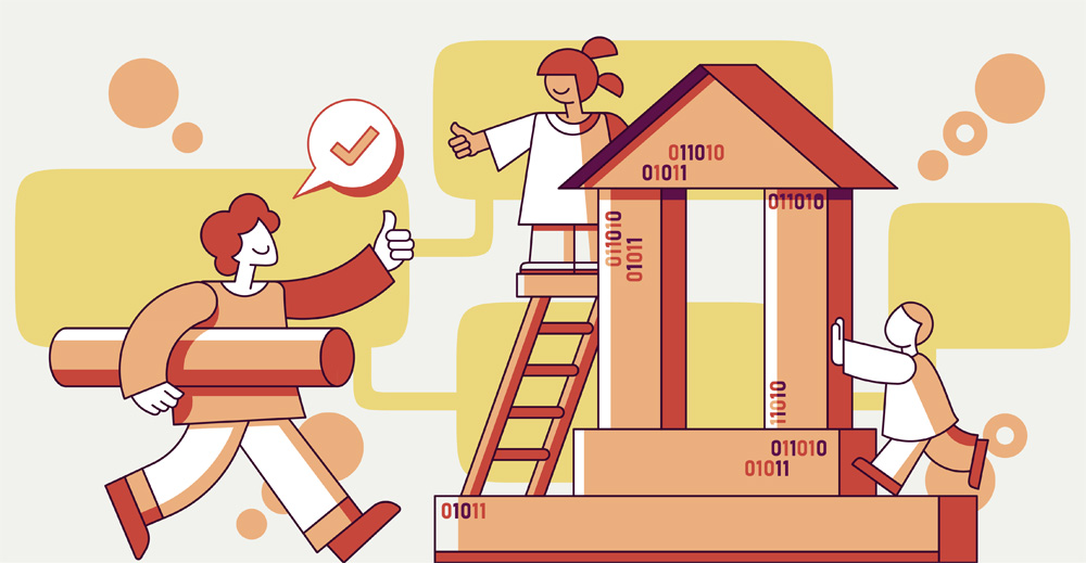Illustration of diverse people collaborating to construct a house, showcasing teamwork and community effort.